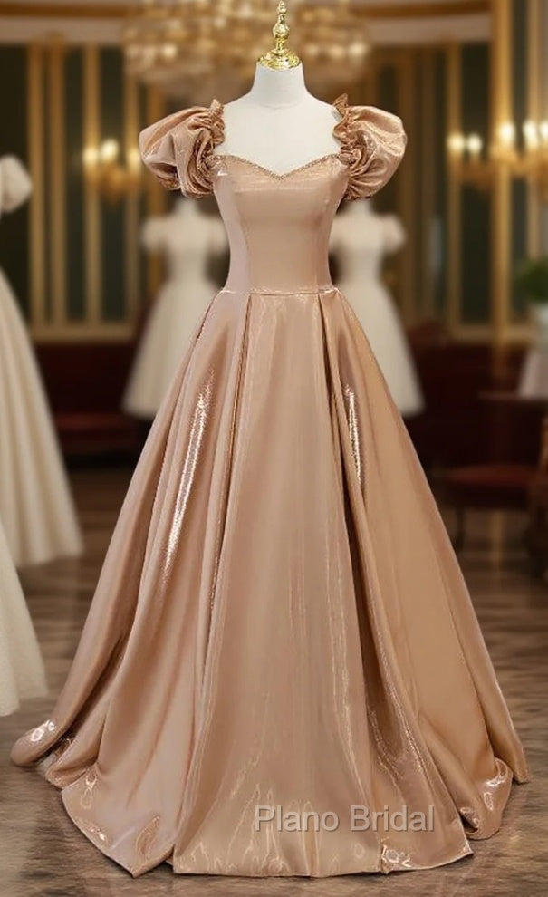 Brown Satin Puff Sleeve Beading Formal Prom Dresses