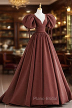 Brown Satin Short Sleeves Long Party Dresses, Brown V-neckline Formal Prom Dresses