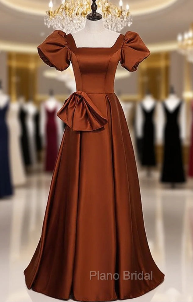 Brown Satin Square Puff Sleeve Bow Formal Prom Dresses