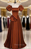 Brown Satin Square Puff Sleeve Bow Formal Prom Dresses