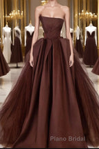 Brown Satin Tulle Long Formal Prom Gown, Brown Long Evening Dresses
