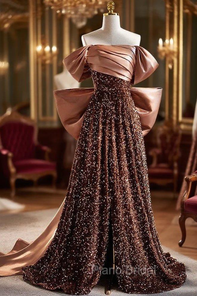 Brown Sequins Satin Pleats Formal Prom Dresses With Bow Main image