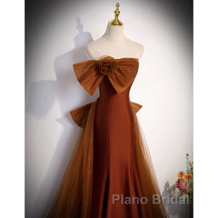 Brown Tulle And Satin Mermaid Long Party Dresses, Long Formal Dresses Formal Prom Dresses