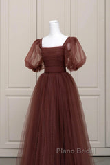 Brown Tulle Floor Length Formal Prom Dresses, A-Line Short Sleeve Evening Party Dresses