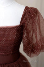 Brown Tulle Floor Length Formal Prom Dresses, A-Line Short Sleeve Evening Party Dresses