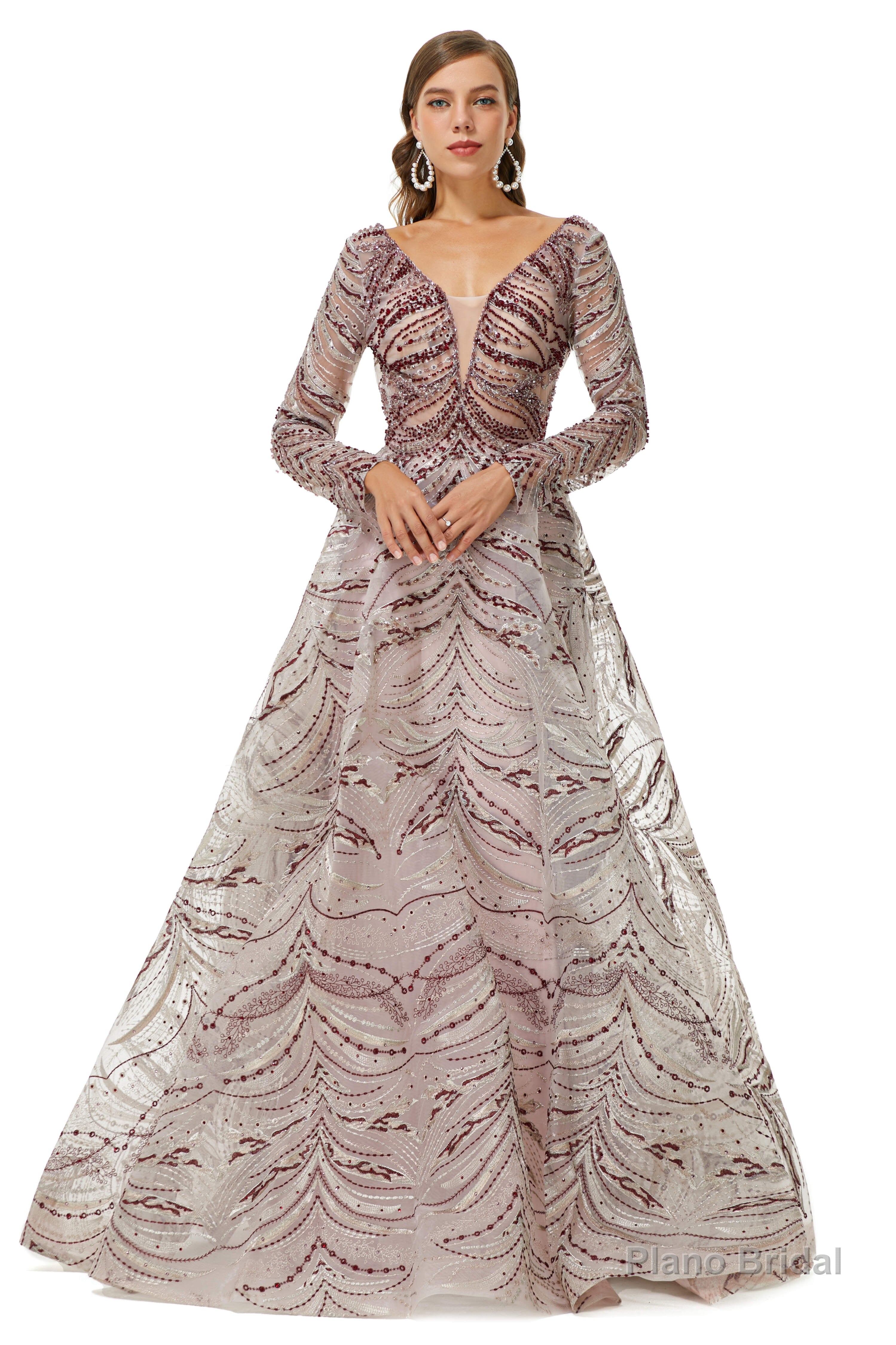 Brown Tulle Long Sleeve Backless Beading Prom Dresses Secondary image