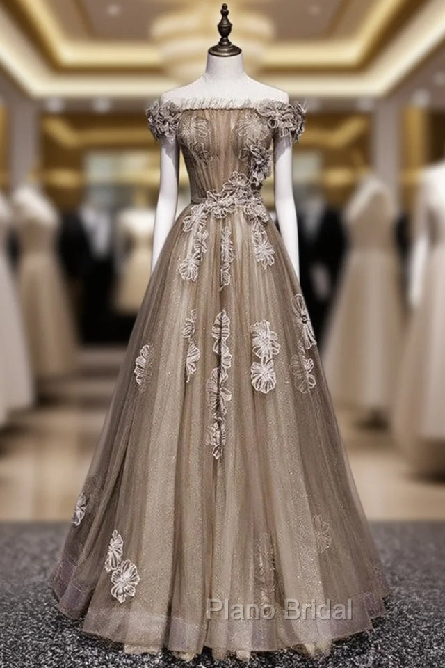 Brown Tulle Off the Shoulder Long Formal Prom Dresses Main image