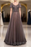 Brown Tulle V-neck Short Sleeve Beading Sequins Formal Prom Dresses