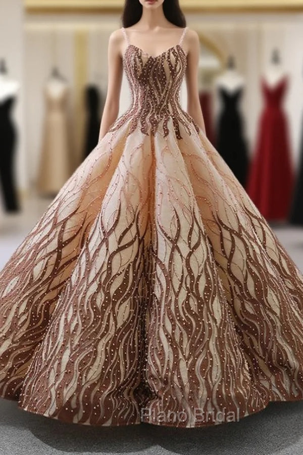 Brown Vintage Ball Gown Spaghetti Straps Wedding Dresses With Pearls Main image