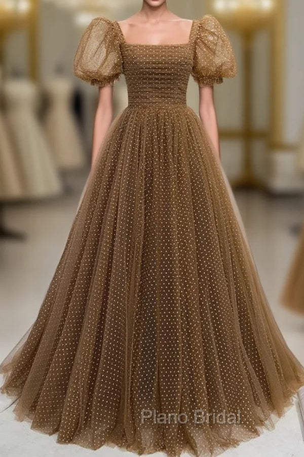 Brown Wave Point Tulle Puff Sleeve Formal Prom Dresses