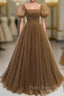 Brown Wave Point Tulle Puff Sleeve Formal Prom Dresses