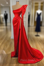 Bubble Sleeve One-shoulder Red High-split Long Evening Dresses