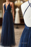 Simple Tulle Blue Long Formal Prom Dresses, A Line Backless Evening Dresses