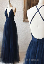 Simple Tulle Long Formal Prom Dresses, A Line Backless Evening Dresses