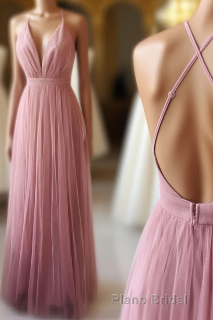 Simple Tulle Long Formal Prom Dresses, A Line Backless Evening Dresses Main image