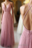 Simple Tulle Long Formal Prom Dresses, A Line Backless Evening Dresses