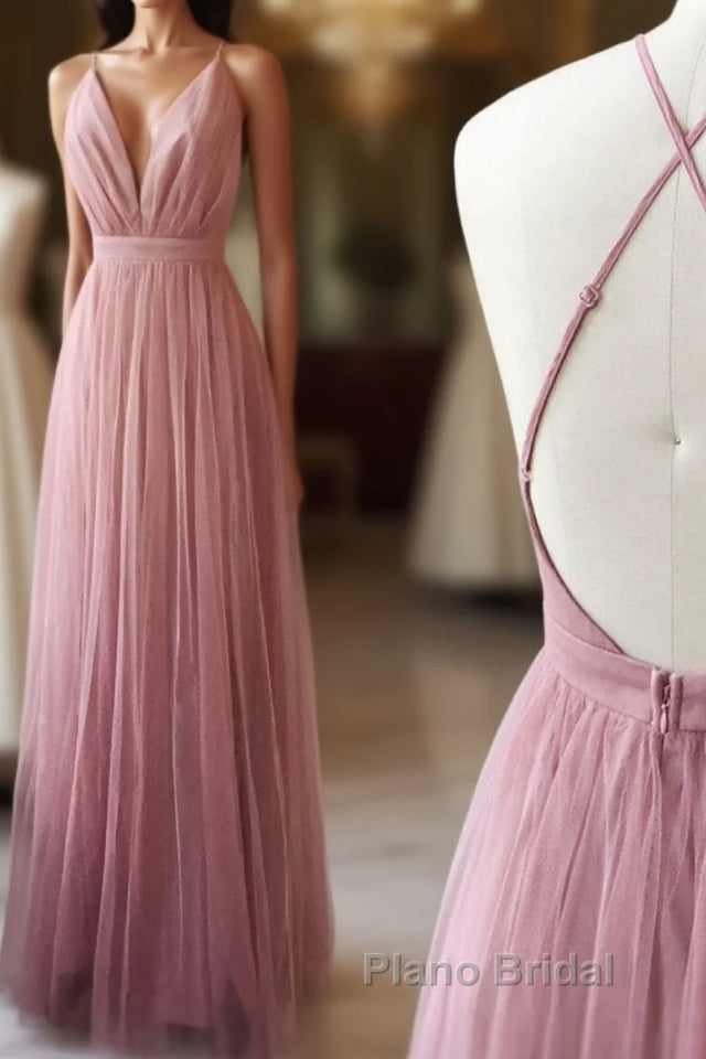 Simple Tulle Long Formal Prom Dresses, A Line Backless Evening Dresses Main image