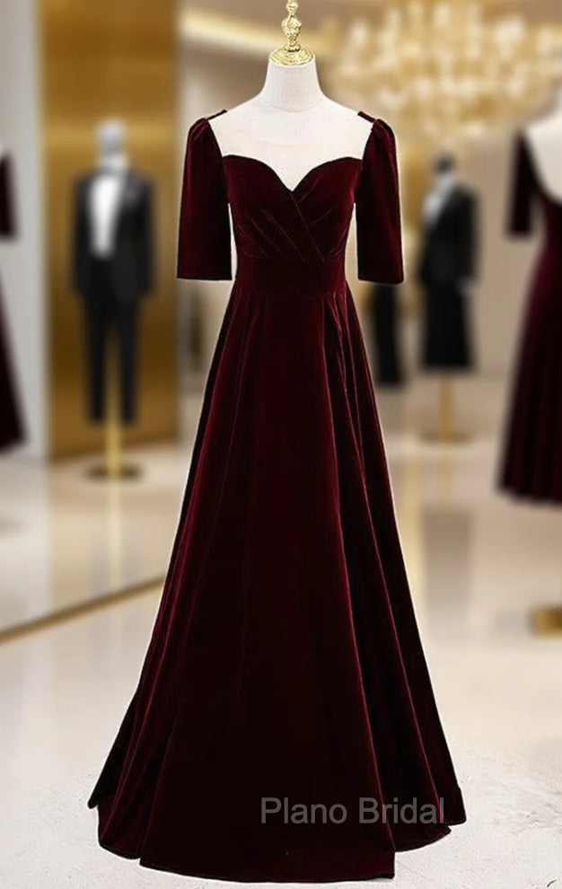 Burgudny Velvet Square Short Sleeve Pleats Formal Prom Dresses