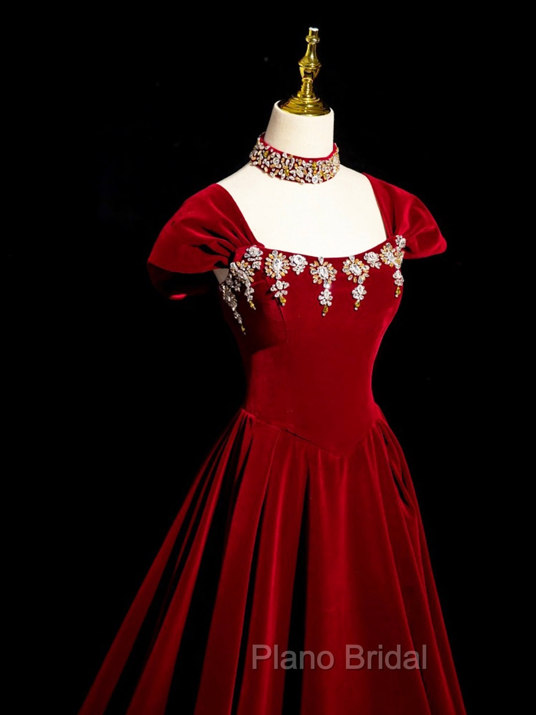 Burgundy A Line Beaded Velvet Long Formal Prom Dresses