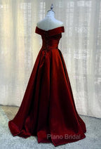 Burgundy A-line Floor Length Satin Formal Prom Dresses Party Dresses, Wine Red Long Formal Dresses