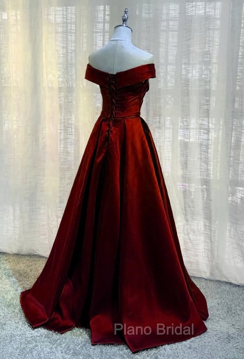 Burgundy A-line Floor Length Satin Formal Prom Dresses Party Dresses, Wine Red Long Formal Dresses