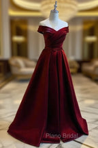 Burgundy A-line Floor Length Satin Formal Prom Dresses Party Dresses, Wine Red Long Formal Dresses
