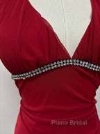 Burgundy A-Line Halter V Neck Chiffon Backless Formal Prom Dresses,Bridesmaid Dresses With Ankle Length