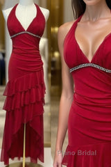Burgundy A-Line Halter V Neck Chiffon Backless Formal Prom Dresses,Bridesmaid Dresses With Ankle Length