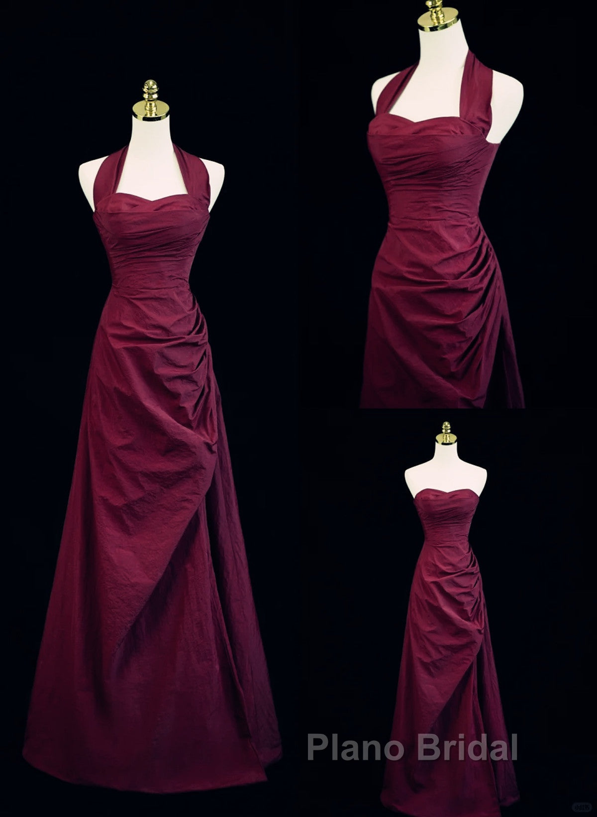 Burgundy A-Line Halter Vintage Style Formal Prom Dresses, Burgundy Long Evening Dresses
