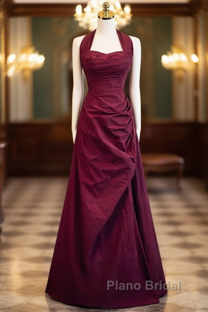 Burgundy A-Line Halter Vintage Style Formal Prom Dresses, Burgundy Long Evening Dresses Main image