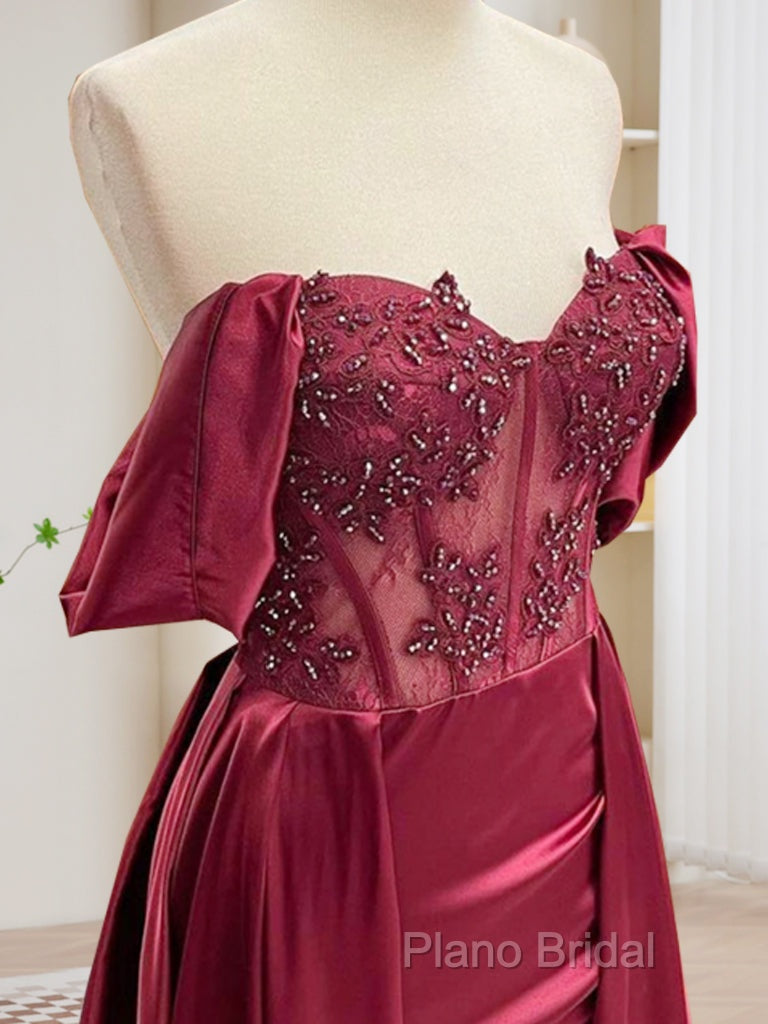Burgundy A-Line Off Shoulder Satin Lace Long Formal Prom Dresses, Burgundy Long Formal Dresses
