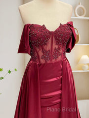 Burgundy A-Line Off Shoulder Satin Lace Long Formal Prom Dresses, Burgundy Long Formal Dresses
