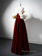Burgundy A-Line Off Shoulder Velvet Lace Long Formal Prom Dresses, Burgundy Long Formal Dresses