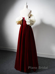 Burgundy A-Line Off Shoulder Velvet Lace Long Formal Prom Dresses, Burgundy Long Formal Dresses