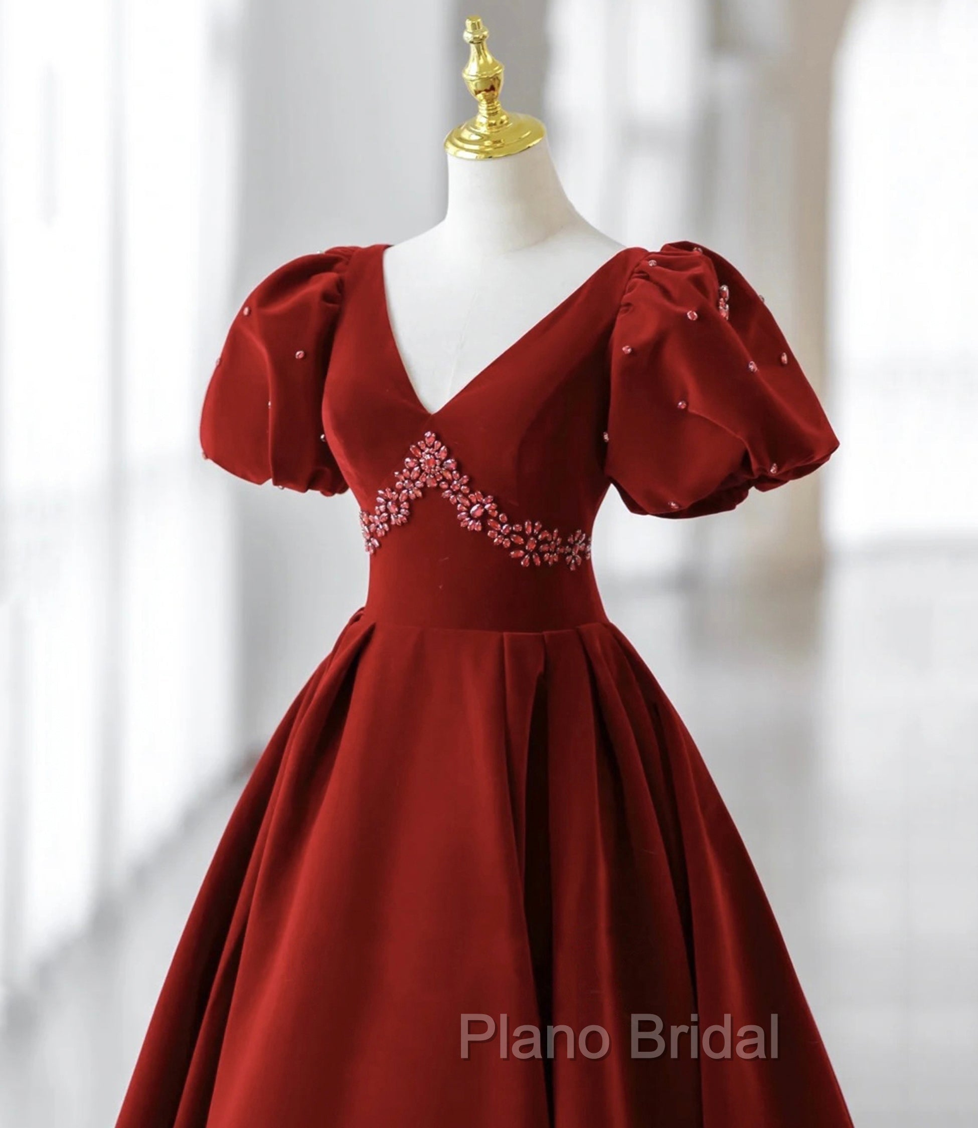 Burgundy A Line Puff Sleeves Velvet Long Formal Prom Dresses Evening Dresses