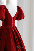 Burgundy A Line Puff Sleeves Velvet Long Formal Prom Dresses Evening Dresses