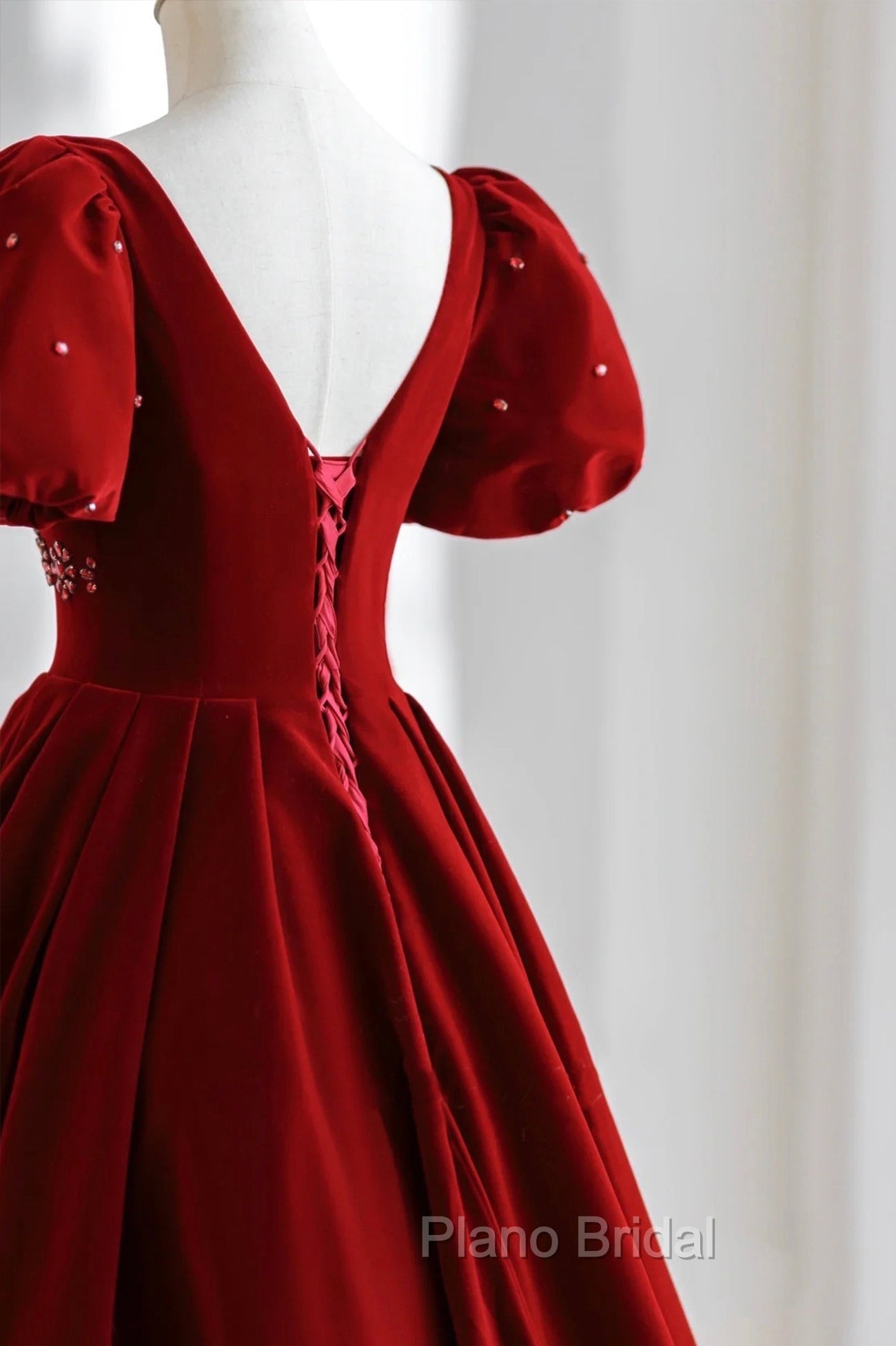 Burgundy A Line Puff Sleeves Velvet Long Formal Prom Dresses Evening Dresses