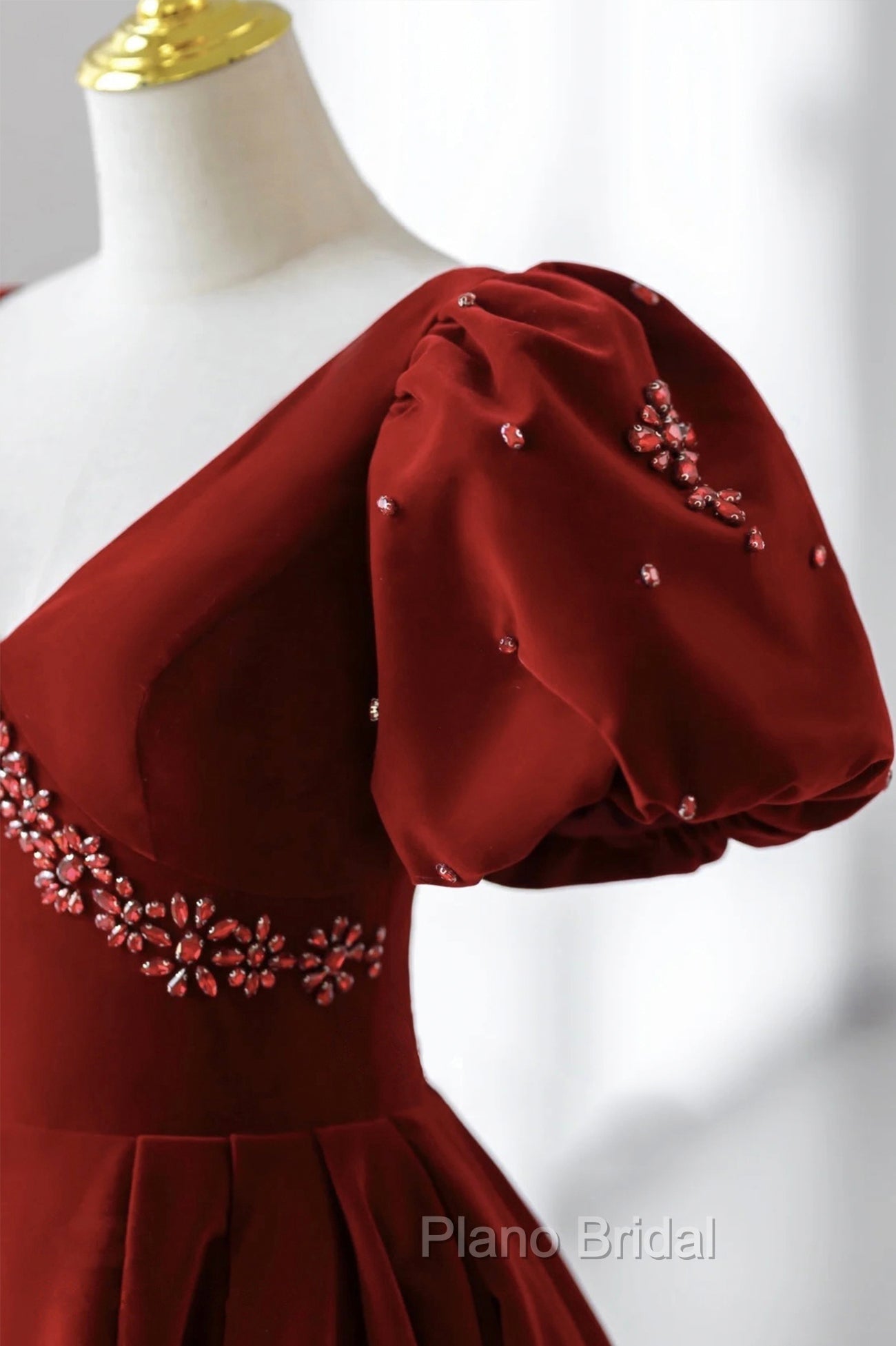 Burgundy A Line Puff Sleeves Velvet Long Formal Prom Dresses Evening Dresses