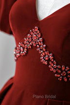 Burgundy A Line Puff Sleeves Velvet Long Formal Prom Dresses Evening Dresses