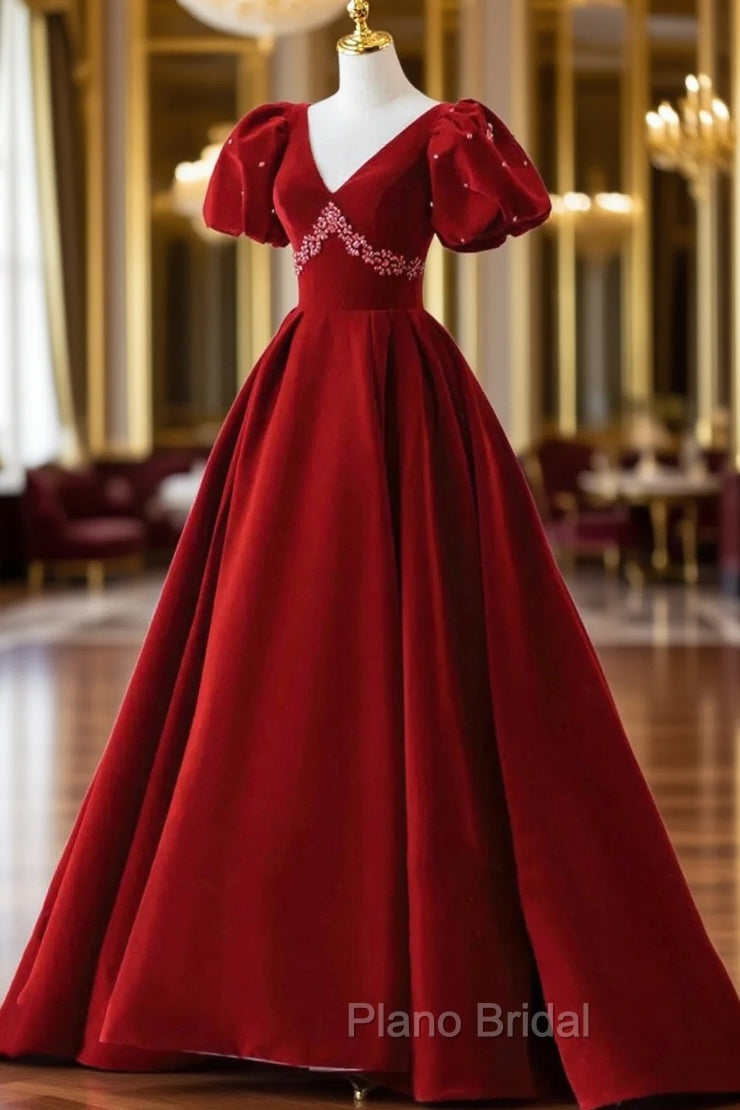 Burgundy A Line Puff Sleeves Velvet Long Formal Prom Dresses Evening Dresses Main image