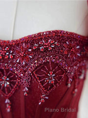 Burgundy A line tulle beads long Formal Prom dress burgundy formal dress