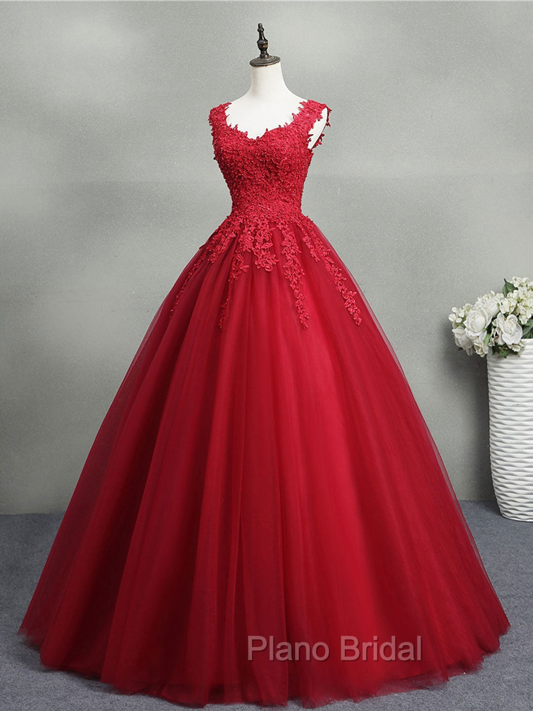 Burgundy A-Line Tulle Lace Long Formal Prom Dresses, Burgundy Formal Evening Dresses Secondary image