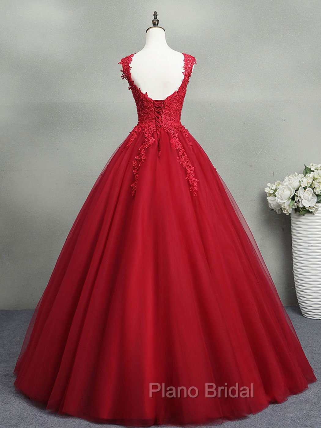 Burgundy A-Line Tulle Lace Long Formal Prom Dresses, Burgundy Formal Evening Dresses