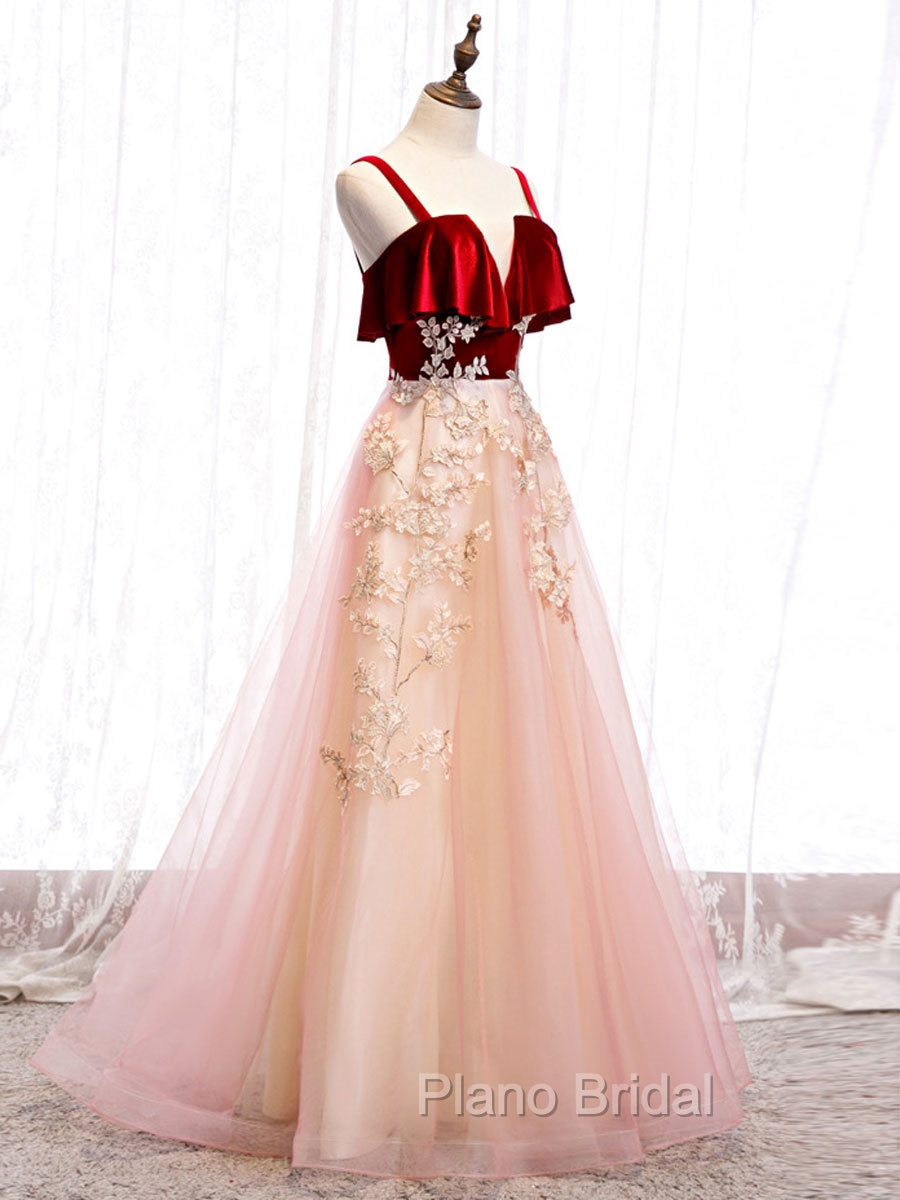 Burgundy A-line Tulle Lace Long Formal Prom Dresses Tulle Formal Dresses