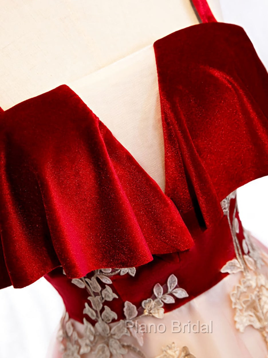 Burgundy A-line Tulle Lace Long Formal Prom Dresses Tulle Formal Dresses