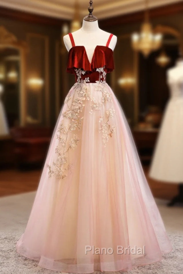 Burgundy A-line Tulle Lace Long Formal Prom Dresses Tulle Formal Dresses Main image