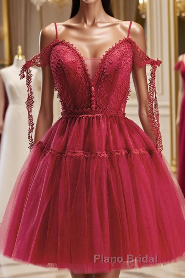 Burgundy A-Line Tulle Lace Short Formal Prom Dress, Burgundy Homecoming Dresses Main image