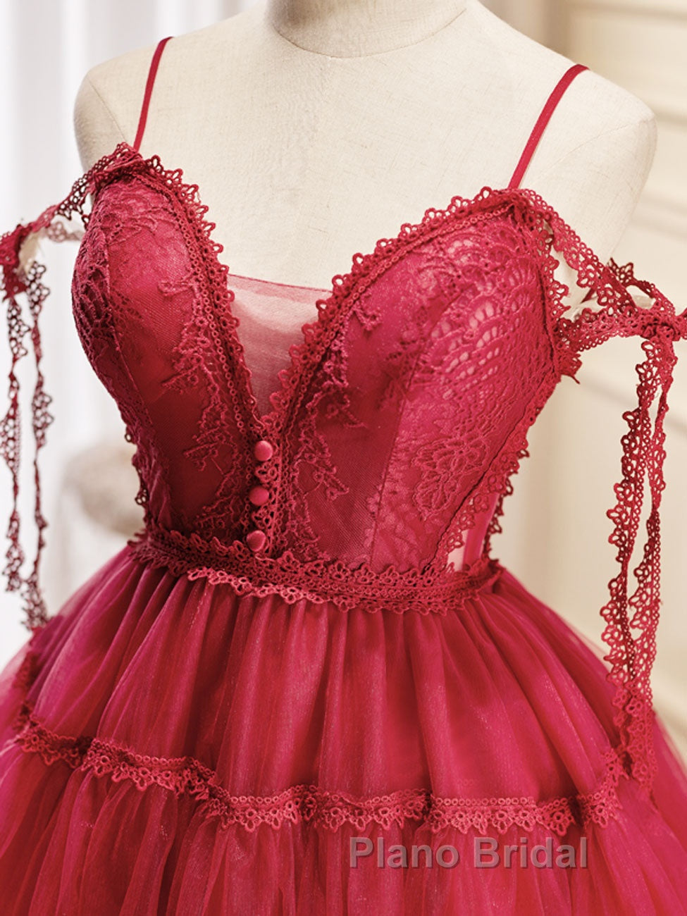 Burgundy A-Line Tulle Lace Short Formal Prom Dress, Burgundy Homecoming Dresses Secondary image