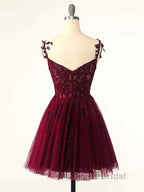 Burgundy A-Line Tulle Lace Short Formal Prom Dresses, Cute Burgundy Homecoming Dresses