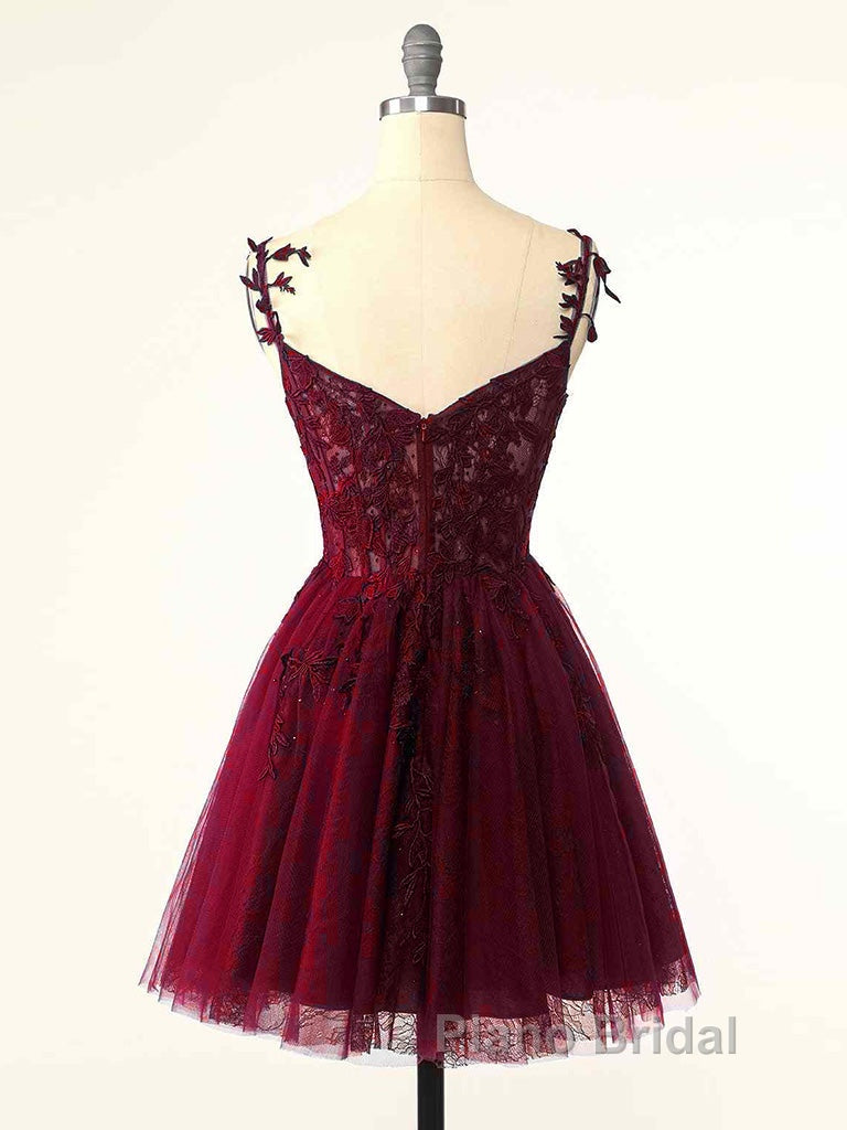 Burgundy A-Line Tulle Lace Short Formal Prom Dresses, Cute Burgundy Homecoming Dresses